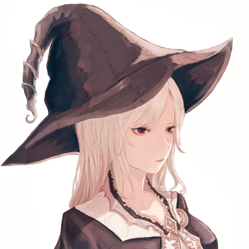 1girl albino bangs closed_mouth eyelashes hat highres long_hair looking_away original pip_(red_juice1869) portrait red_eyes shade simple_background solo swept_bangs white_background white_hair witch_hat