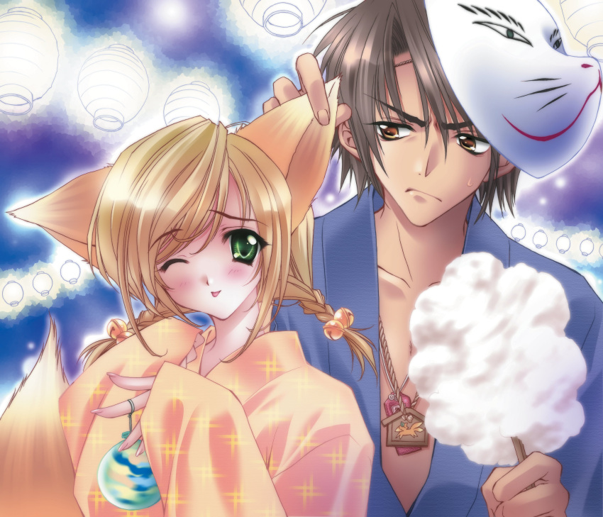 1boy 1girl ;p absurdres animal_ears bell blonde_hair blush braid brown_eyes brown_hair carnelian copyright_request cotton_candy couple fingernails fox fox_ears fox_mask green_eyes hair_bell hair_ornament hetero highres japanese_clothes jingle_bell kimono mask mask_on_head omamori one_eye_closed smile tongue tongue_out twin_braids upper_body water_yoyo