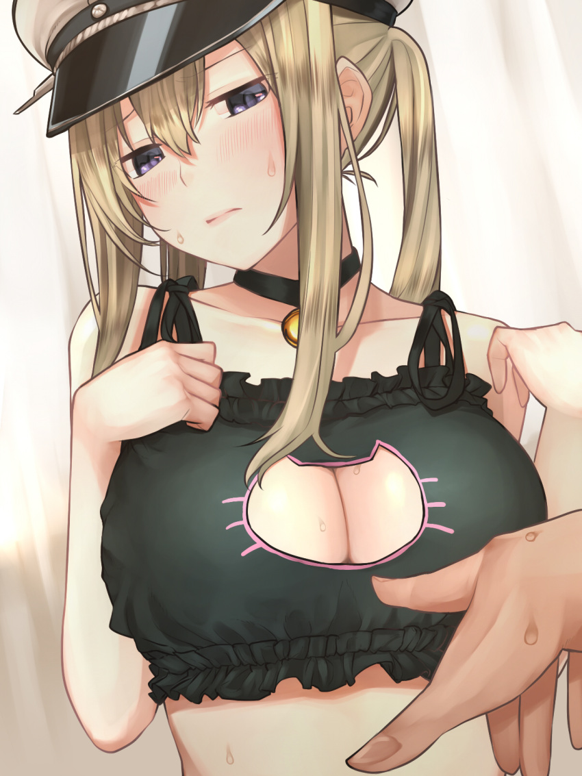 1girl baffu bare_shoulders bell black_bra blonde_hair blue_eyes blush bra breasts cat_keyhole_bra choker cleavage cleavage_cutout commentary_request graf_zeppelin_(kantai_collection) hair_between_eyes hat highres jingle_bell kantai_collection large_breasts long_hair peaked_cap pointing sidelocks solo_focus sweat twintails underwear underwear_only