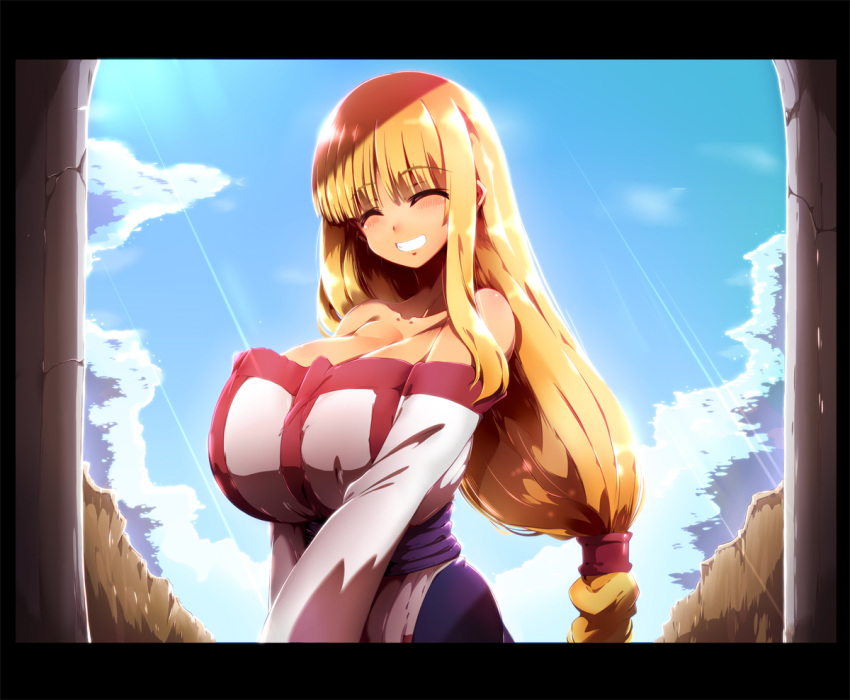 1girl arc_the_lad arc_the_lad_ii bare_shoulders blonde_hair breasts closed_eyes grin happy huge_breasts lieza long_hair looking_at_viewer smile solo sunlight tokyo_(great_akuta)