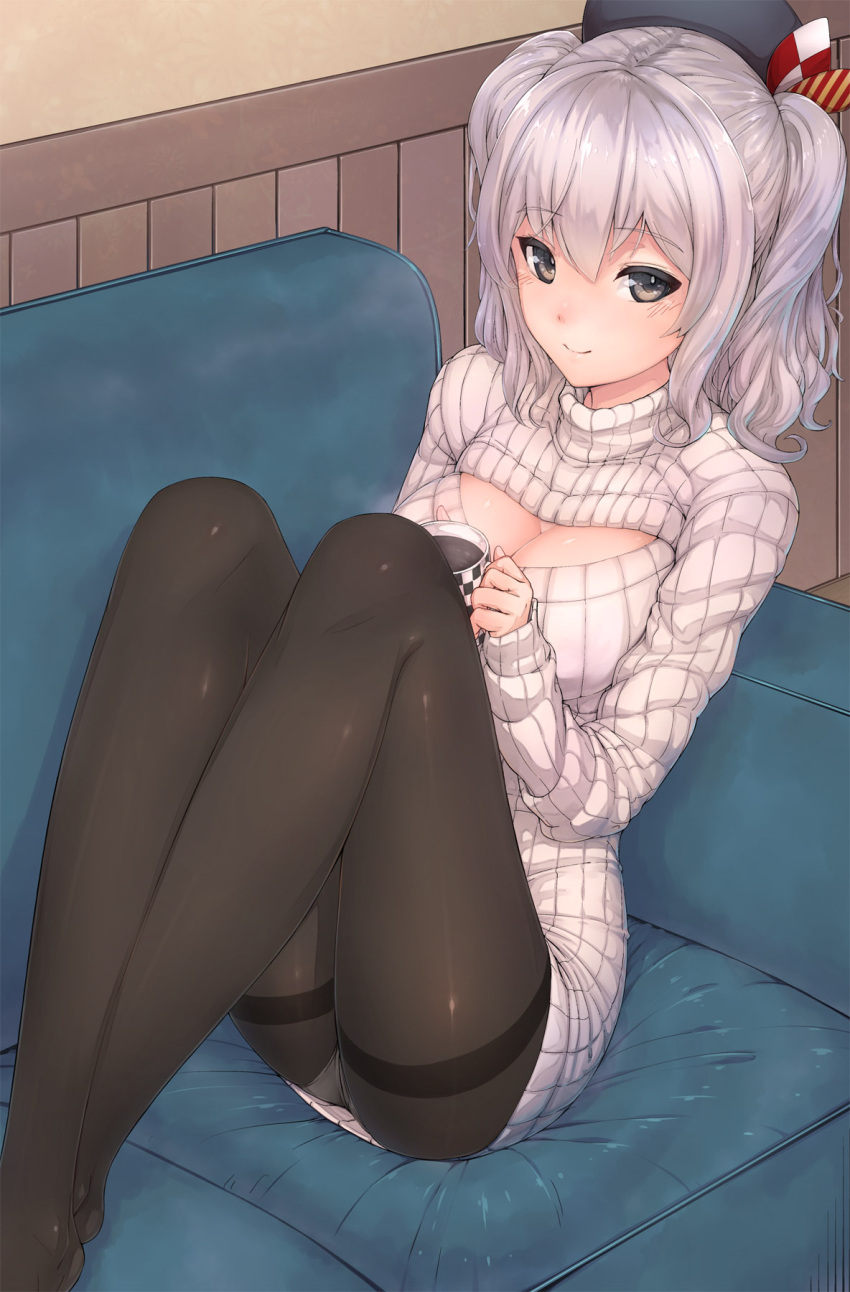 1girl alternate_costume beret black_eyes black_legwear breasts cleavage coffee coffee_mug couch hat highres kantai_collection kashima_(kantai_collection) large_breasts long_sleeves looking_at_viewer open-chest_sweater panties panties_under_pantyhose pantyhose pantyshot pantyshot_(sitting) ribbed_sweater silver_hair sitting smile solo sweater thighband_pantyhose turtleneck turtleneck_sweater twintails underwear urigarasu