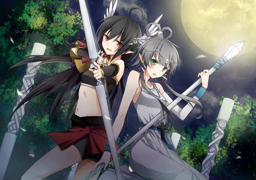 2girls :d ahoge aiming_at_viewer alternate_costume alternate_hairstyle arrow bangs bare_shoulders bead_necklace black_hair blush bow_(weapon) braid capelet circlet clouds crescent crop_top cross detached_sleeves dress dutch_angle earrings feathered_wings full_moon green_eyes grey_hair hair_down hair_ornament hair_rings head_wings highres holding_weapon jewelry long_hair looking_at_viewer luo_tianyi midriff moon motion_blur multiple_girls navel necklace night night_sky open_mouth outdoors overskirt pendant pillar pointy_ears polearm red_eyes sash short_hair_with_long_locks shorts side-by-side silver_hair sitting sky sleeveless sleeveless_dress smile standing star_(sky) stomach tree very_long_hair vocaloid vocanese weapon whiisky white_dress white_wings wind wings wrist_cuffs yuezheng_ling