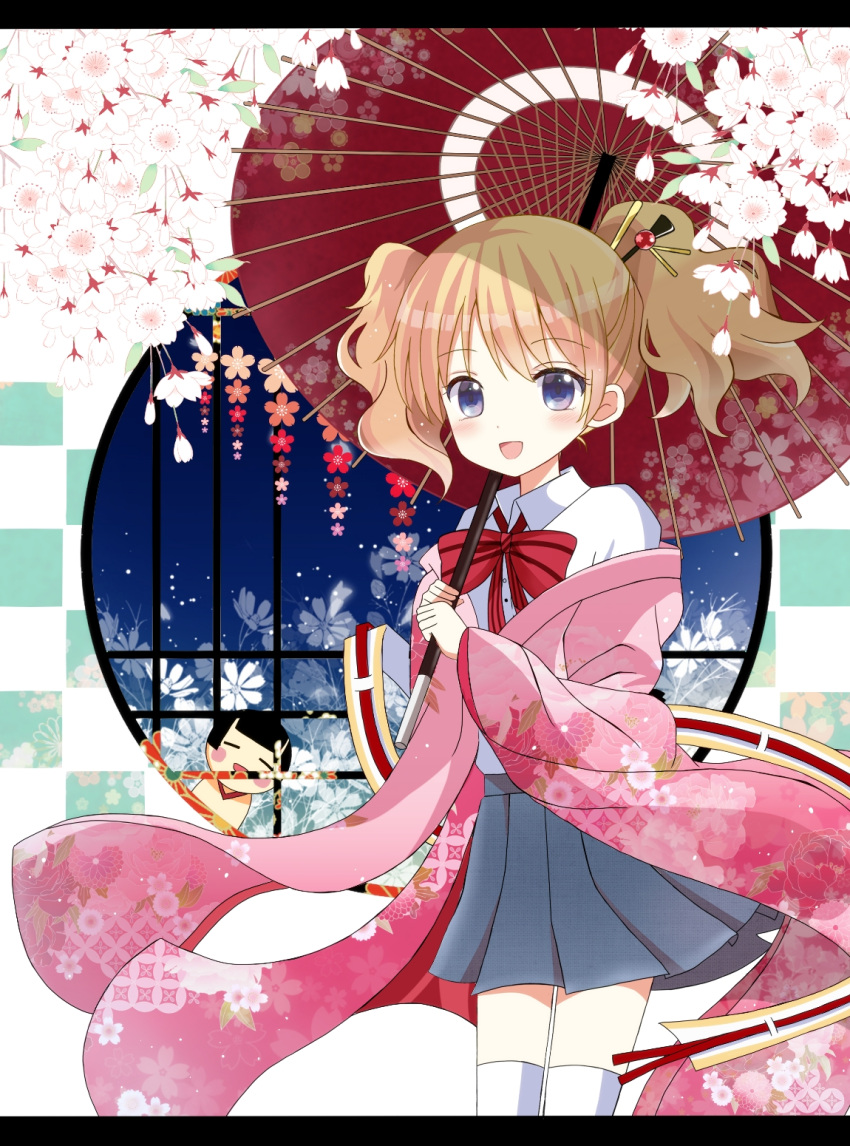1girl alice_cartelet blonde_hair blue_eyes cherry_blossoms flower highres japanese_clothes kimono kin-iro_mosaic open_mouth oriental_umbrella ryoutan smile twintails umbrella