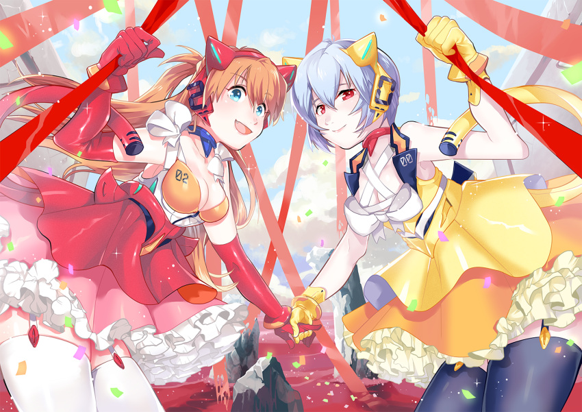 2girls :d adapted_costume alternate_costume ambiguous_red_liquid animal_ears ayanami_rei bangs black_legwear blue_eyes blue_hair blue_sky bow breasts cat_ears cat_tail cleavage clothes_writing clouds confetti cowboy_shot detached_collar dress fake_animal_ears frilled_skirt frills from_below garter_straps gloves hair_between_eyes headphones holding holding_hands long_hair looking_at_viewer multiple_girls neon_genesis_evangelion number ochiai_maharu open_mouth orange_hair red_eyes red_gloves red_ribbon ribbon rock skirt sky sleeveless smile souryuu_asuka_langley standing symmetrical_pose symmetry tail thigh-highs two_side_up white_bow white_legwear white_ribbon wrist_cuffs yellow_gloves