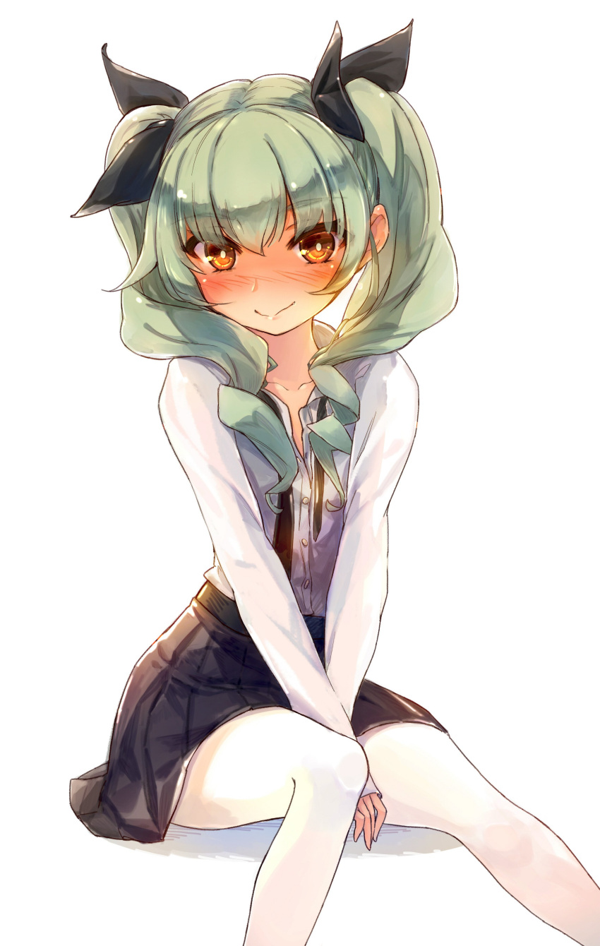 1girl absurdres anchovy bangs between_legs black_ribbon black_skirt blush collarbone drill_hair embarrassed full-face_blush girls_und_panzer green_hair hair_ribbon hand_between_legs highres long_hair looking_at_viewer pantyhose red_eyes ribbon shirt simple_background sitting skirt solo twin_drills twintails virus_(obsession) white_background white_legwear white_shirt