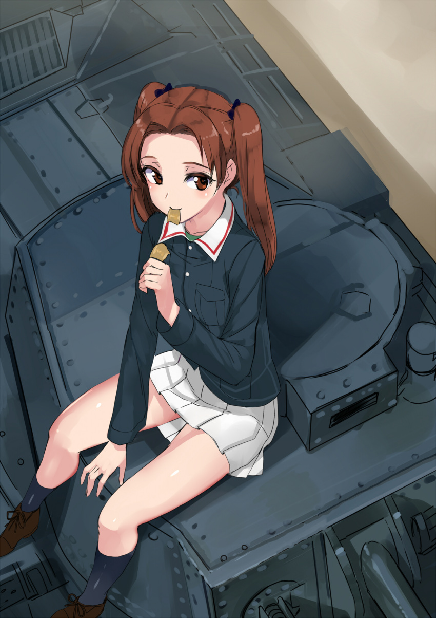 1girl akasaai between_legs blush brown_eyes brown_hair eating food food_in_mouth girls_und_panzer hair_ribbon hand_between_legs highres jacket kadotani_anzu long_hair looking_at_viewer looking_to_the_side military military_uniform military_vehicle mouth_hold pleated_skirt ribbon school_uniform sitting skirt smile solo tank twintails uniform vehicle white_skirt
