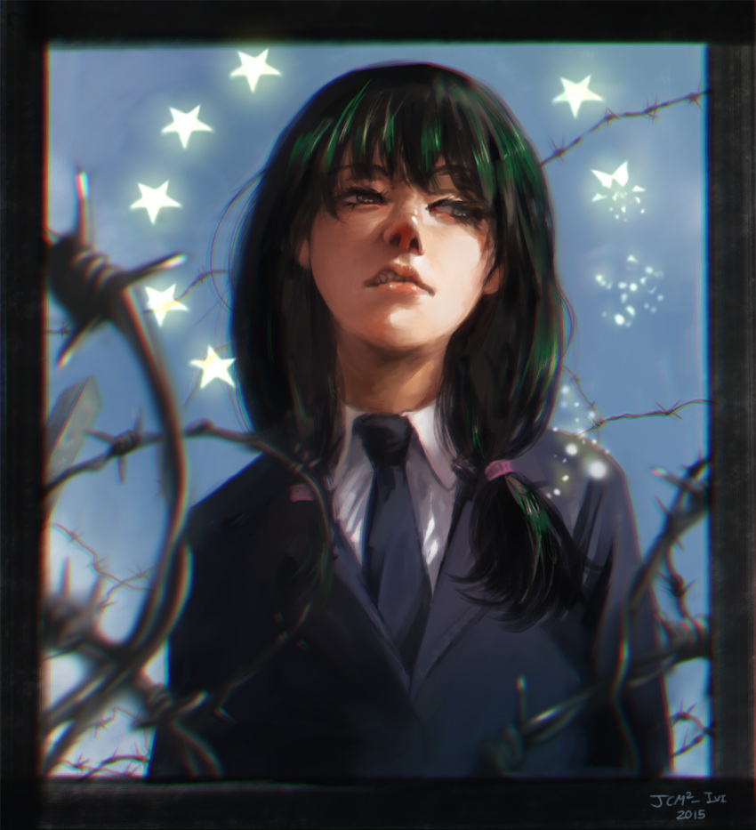 1girl angry artist_name barbed_wire black_necktie business_suit chromatic_aberration dated disdain frame green_hair half-closed_eyes halo highres jcm2 long_hair looking_to_the_side original school_uniform scrunchie solo standing star teeth twintails upper_body