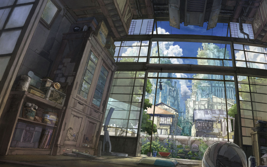 architecture ball blue_sky box brick_wall building bush cabinet cityscape clothesline clouds day doorway drink drinking_straw food fruit garden glass highres house indoors k_kanehira laundry letterboxed no_humans original peaceful pillow plant potted_plant reflection room scenery shelf shirt sky tatami tree vanishing_point ventilation_shaft vines wallpaper watermelon white_shirt window