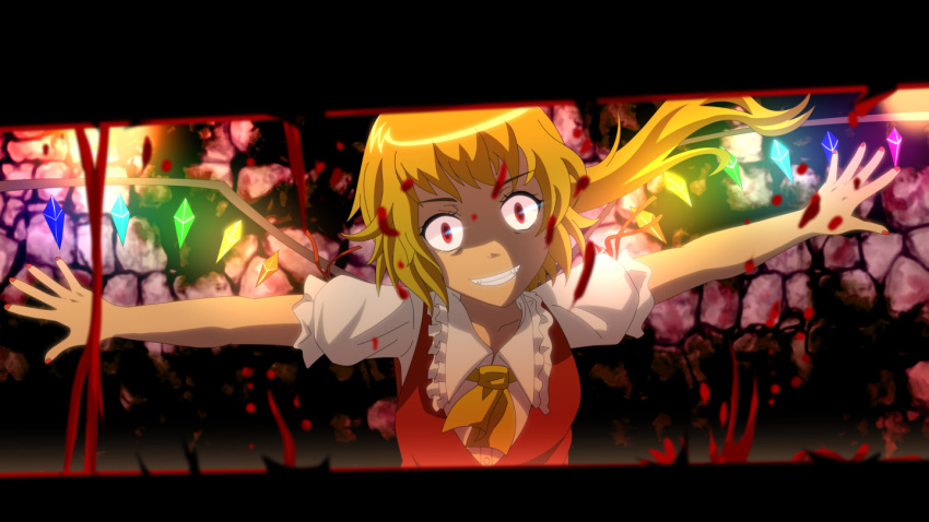 1girl anime_coloring ascot bangs blonde_hair blood collar crazy_grin flandre_scarlet frilled_collar frills head_tilt light_trail looking_at_viewer nail_polish outstretched_arms pov red_eyes red_nails red_vest shiny shiny_hair shirt short_hair side_ponytail solo stone_wall teeth tomon_(slash0410) torch touhou upper_body wall white_shirt wings