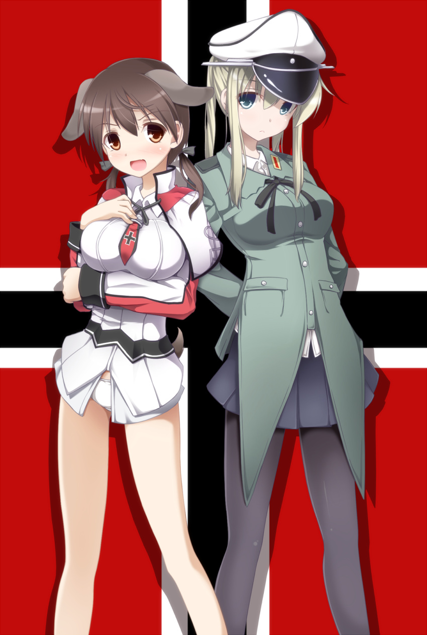 2girls arms_behind_back blonde_hair blue_eyes blush breast_hold breasts brown_eyes brown_hair cosplay costume_switch crossover dog_tail evandragon gertrud_barkhorn gertrud_barkhorn_(cosplay) graf_zeppelin_(kantai_collection) graf_zeppelin_(kantai_collection)_(cosplay) hair_ribbon hat highres kantai_collection legs looking_at_viewer military military_uniform multiple_girls open_mouth panties pantyhose ribbon smile strike_witches tail twintails underwear uniform white_panties
