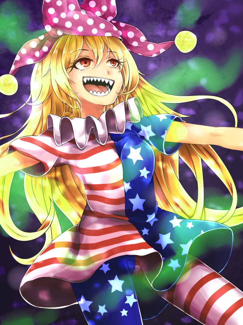 1girl american_flag_legwear american_flag_shirt bangs blonde_hair clownpiece collar frilled_collar frills hat highres jester_cap long_hair open_mouth outstretched_arms pantyhose polka_dot red_eyes rnkgmn sharp_teeth solo standing teeth touhou very_long_hair