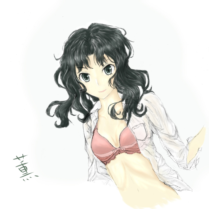 1girl absurdres amagami black_hair bra breasts character_name cleavage collarbone dress_shirt eve_&amp;_leda grey_eyes highres long_hair looking_at_viewer messy_hair midriff navel open_clothes open_shirt pink_bra shirt simple_background sketch small_breasts smile solo tanamachi_kaoru underwear white_background