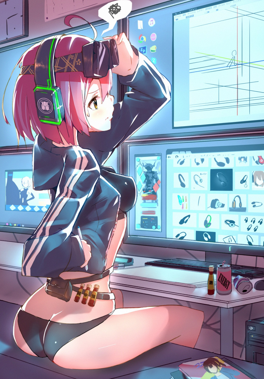 1girl adjusting_goggles ahoge ass breasts can computer_keyboard computer_tower enj! goggles headphones highres hood hooded_track_jacket jacket monitor original panties pink_hair short_hair sitting solo spoken_squiggle squiggle stylus sweatdrop tablet track_jacket underwear vial yellow_eyes