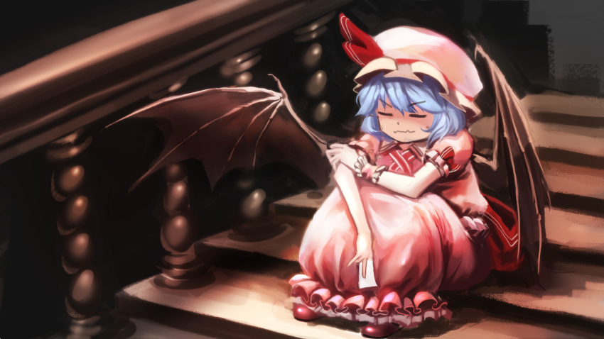 1girl bat_wings blue_hair closed_eyes frilled_skirt frills hand_on_own_arm hat highres hijiwryyyyy mob_cap pink_shirt pink_shoes pink_skirt remilia_scarlet shirt shoes short_hair sitting skirt solo stairs sweatdrop touhou wings wrist_cuffs