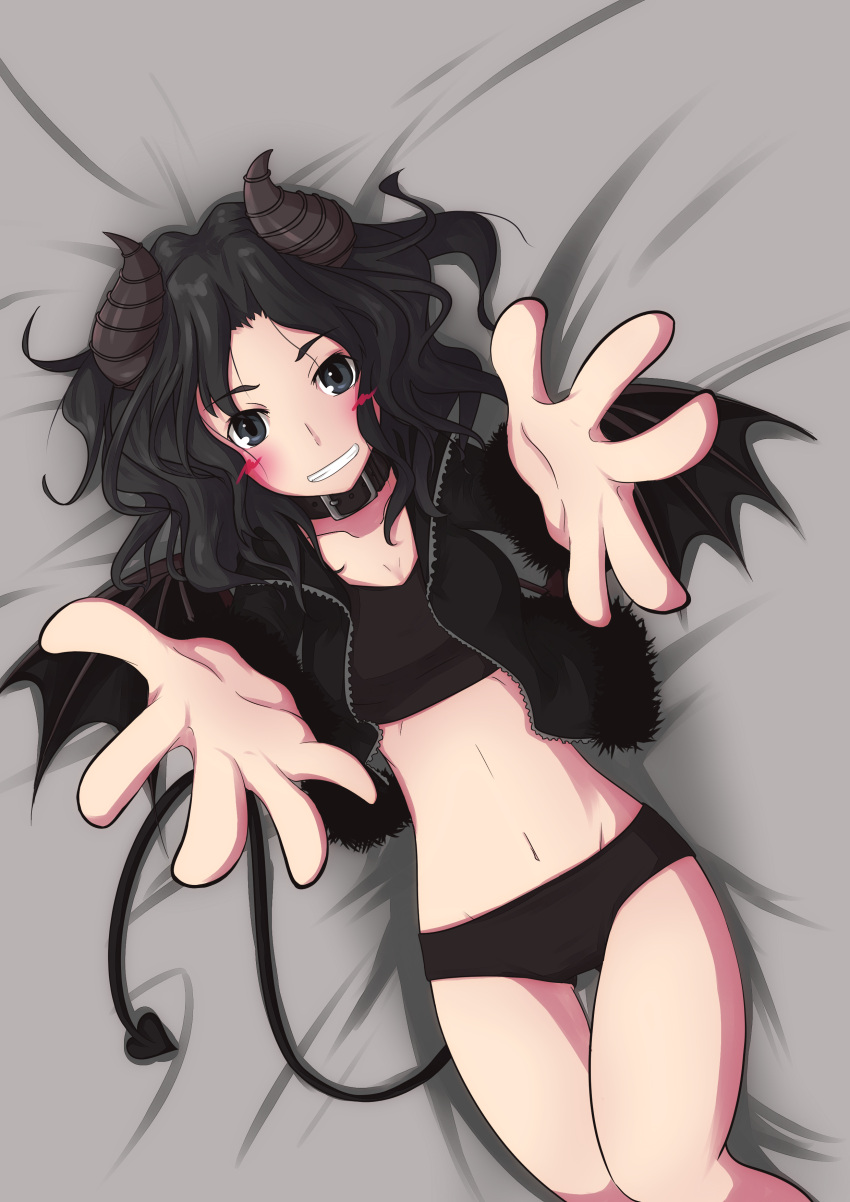 1girl absurdres amagami black_hair blush choker collar crop_top cropped_jacket curled_horns demon_horns demon_tail demon_wings foreshortening from_above fur_trim grey_eyes grin guriko_(mossari) highres hips horns incipient_hug jacket long_hair messy_hair midriff navel on_bed open_clothes open_jacket outstretched_arms short_shorts shorts smile solo tail tanamachi_kaoru thighs waist wings zipper