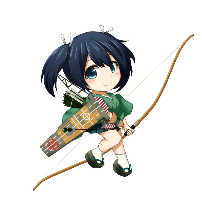1girl black_eyes black_hair bow_(weapon) chibi flight_deck highres kantai_collection kuena quiver short_hair side_ponytail simple_background solo souryuu_(kantai_collection) weapon