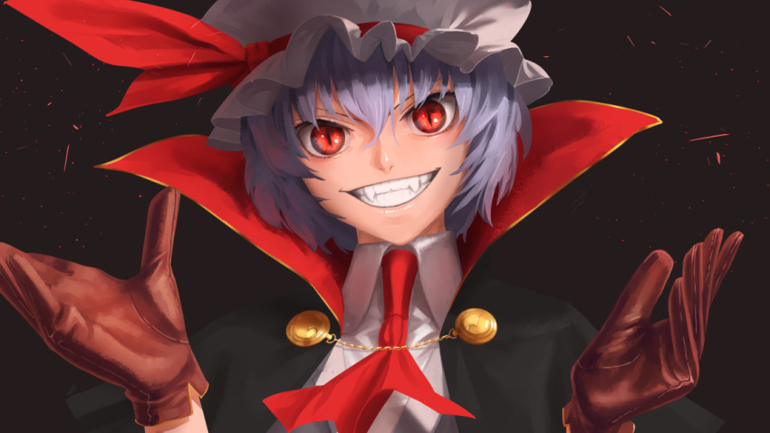 1girl amino_(tn7135) ascot blue_hair brown_gloves cape fangs gloves grin hat hat_ribbon high_collar looking_at_viewer mob_cap red_eyes red_ribbon remilia_scarlet ribbon short_hair slit_pupils smile solo touhou tsurime upper_body