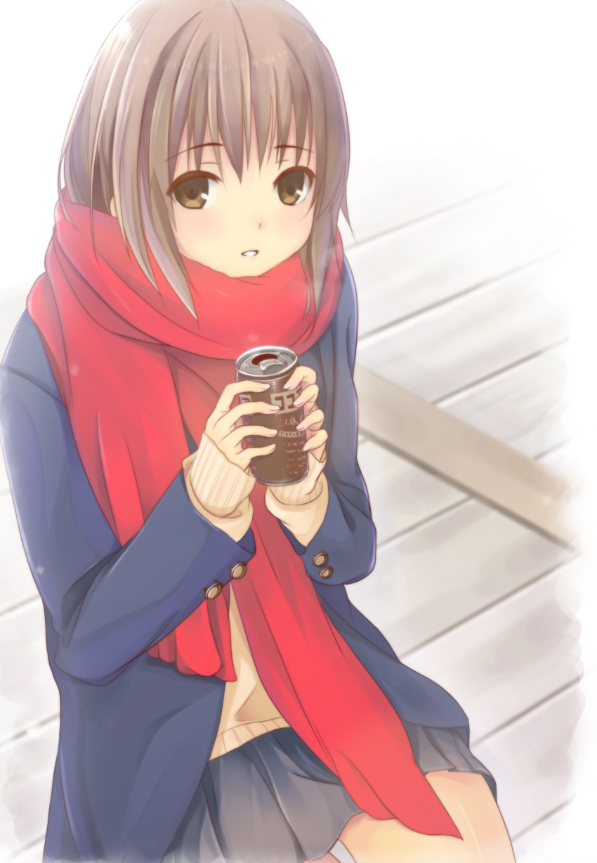 1girl bangs black_skirt blue_coat brown_eyes brown_hair buttons can coat eyebrows eyebrows_visible_through_hair fujiwara_mizuki highres holding holding_can hot_chocolate original parted_lips pleated_skirt red_scarf scarf school_uniform sitting skirt smile solo sweater teeth uniform winter
