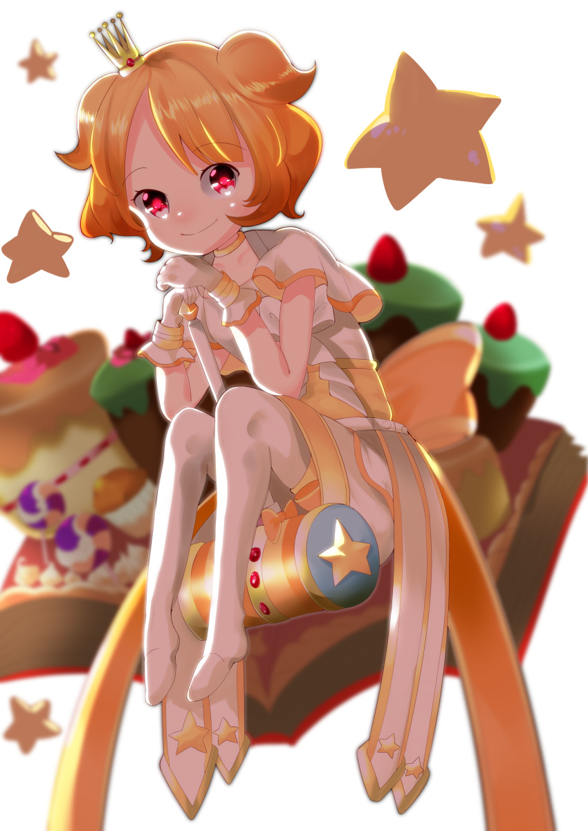 1girl absurdres blurry_background book brown_hair cake crown elbows_on_knees food forehead fruit hammer highres kamaboko_higii open_book otoca_d'or pink_eyes short_hair sitting smile solo star strawberry sunny_(otoca_d'or) white_legwear