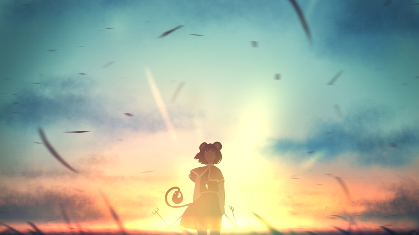 1girl amino_(tn7135) animal_ears basket black_hair capelet dowsing_rod grass jewelry looking_up mouse_ears mouse_tail nazrin pendant sky solo sunset tail touhou