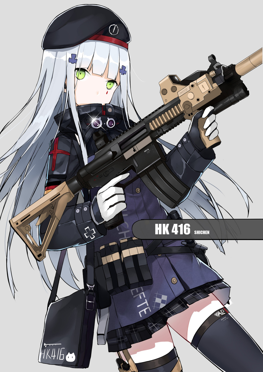 1girl assault_rifle bangs blunt_bangs green_eyes gun heckler_&amp;_koch highres hk416 long_hair looking_at_viewer military military_uniform original rifle shi-chen silver_hair solo trigger_discipline tsurime uniform weapon