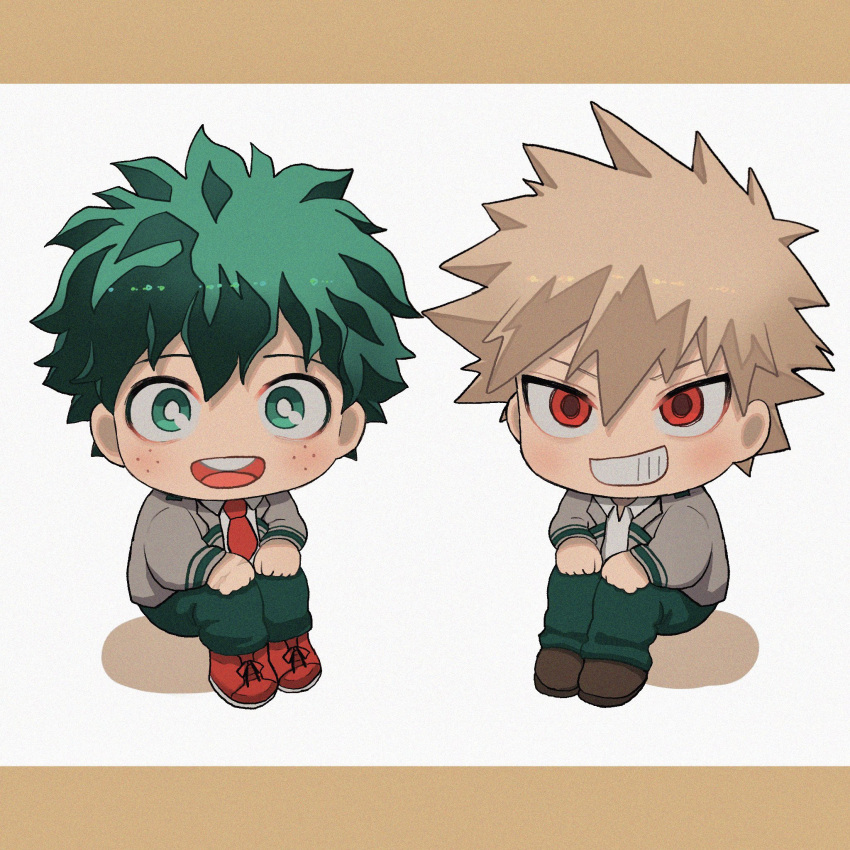 2boys bakugou_katsuki blonde_hair boku_no_hero_academia bright_pupils brown_footwear chibi collared_shirt commentary_request freckles gaagyeo green_eyes green_hair green_pants grey_jacket grin hands_on_own_knees highres jacket knees_up korean_commentary letterboxed long_sleeves looking_at_viewer male_focus midoriya_izuku multiple_boys necktie open_mouth pants red_eyes red_footwear red_necktie school_uniform shirt shoes short_hair simple_background smile spiky_hair standing teeth u.a._school_uniform white_background white_pupils white_shirt