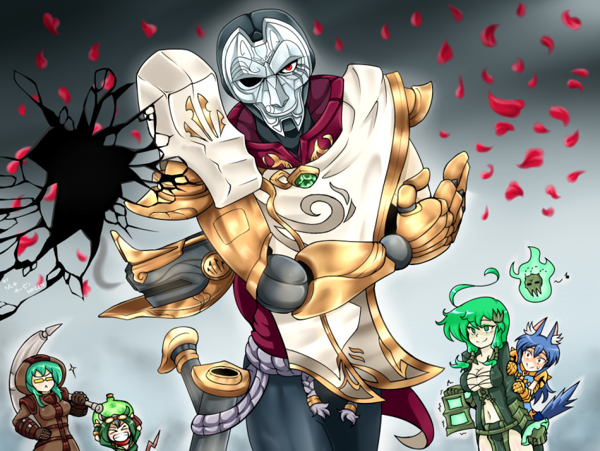 4girls anchor animal_ears armor artist_request breasts cleavage cracked_glass genderswap goggles goggles_on_head green_hair gun gun_barrel_sequence hood jhin lantern league_of_legends long_hair mask multiple_girls nautilus_(league_of_legends) navel petals potion red_eyes robe rose_petals sunglasses tail thresh twitch vilde_loh_hocen warwick weapon wolf_ears wolf_tail
