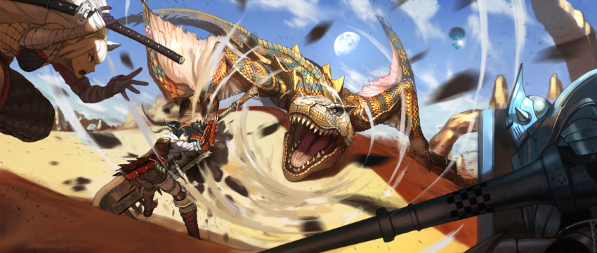 armor battle blue_sky character_request digitalome dragon greatsword lance monster monster_hunter moon polearm sky sword tigrex weapon
