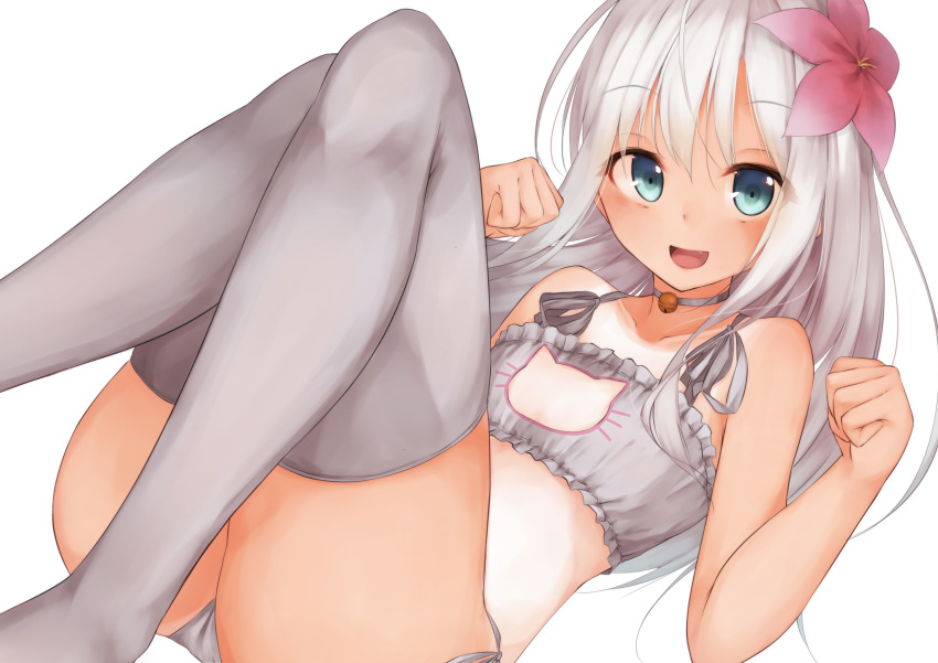 1girl absurdres aqua_eyes bell bell_choker bra cat_cutout cat_lingerie choker cleavage_cutout collarbone flat_chest flower hair_flower hair_ornament highres kantai_collection long_hair looking_at_viewer open_mouth panties ro-500_(kantai_collection) side-tie_panties silver_hair sitting smile solo thigh-highs underwear underwear_only waterdog white_bra white_legwear white_panties