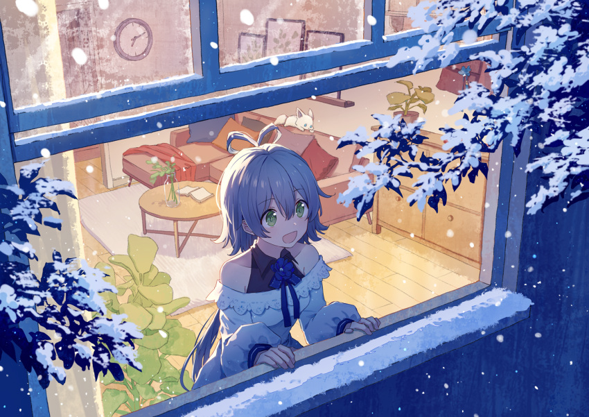 1girl :d animal backlighting bangs bare_shoulders blue_hair breasts clock couch dress eyebrows_visible_through_hair green_eyes hair_between_eyes hands_up indoors leaf long_hair long_sleeves looking_away luo_tianyi mimengfeixue off-shoulder_dress off_shoulder open_mouth pillow plant potted_plant puffy_long_sleeves puffy_sleeves smile snow snowing solo standing table very_long_hair vocaloid wall_clock white_dress