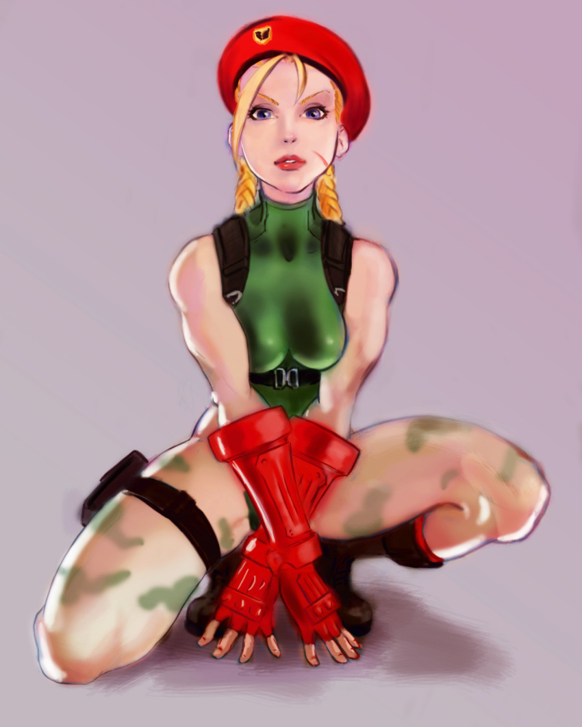 1girl ahoge alex_zor antenna_hair beret blonde_hair blue_eyes bodypaint boots braid cammy_white camouflage combat_boots fingerless_gloves full_body gloves harness hat highres huge_ahoge leotard lips long_hair pink_background scar solo squatting street_fighter street_fighter_v thigh_pouch thighs twin_braids