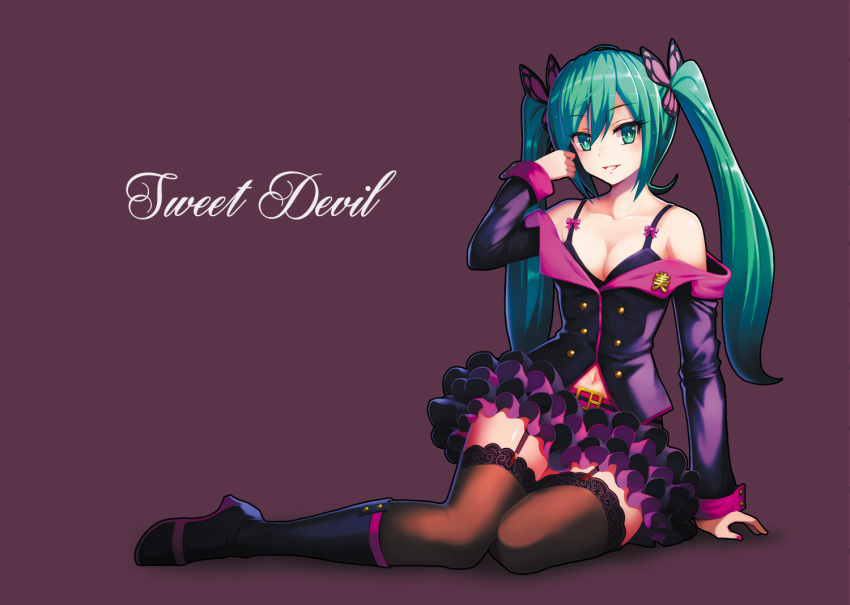 1girl :d aqua_eyes aqua_hair bare_shoulders belt black_bra black_legwear bow bra breasts butterfly_hair_ornament buttons cleavage collarbone defiaz_(infinity) frilled_skirt frills garter_straps grin hair_ornament hand_in_hair hatsune_miku jacket long_hair long_sleeves looking_at_viewer nail_polish navel off_shoulder open_mouth parted_lips pink_bow pink_nails project_diva_(series) project_diva_f purple_jacket purple_skirt revision simple_background sitting skirt smile solo sweet_devil_(vocaloid) thigh-highs twintails underwear very_long_hair violet_eyes vocaloid zettai_ryouiki
