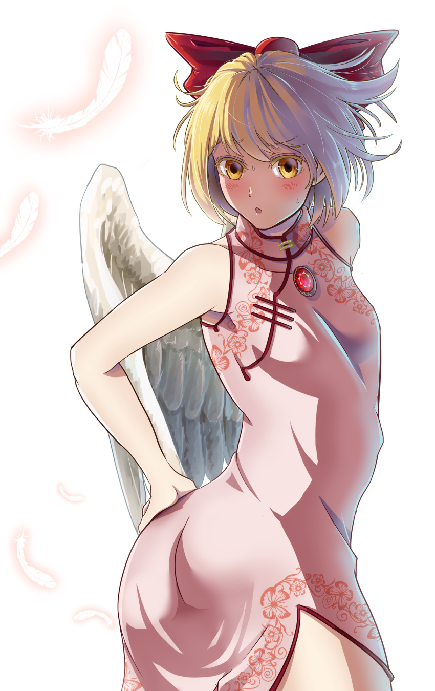1girl absurdres alternate_costume angel_wings ass blonde_hair blush bow china_dress chinese_clothes dress feathers gengetsu gunjin_(aguran) hair_bow highres jewelry sweat touhou touhou_(pc-98) wings yellow_eyes