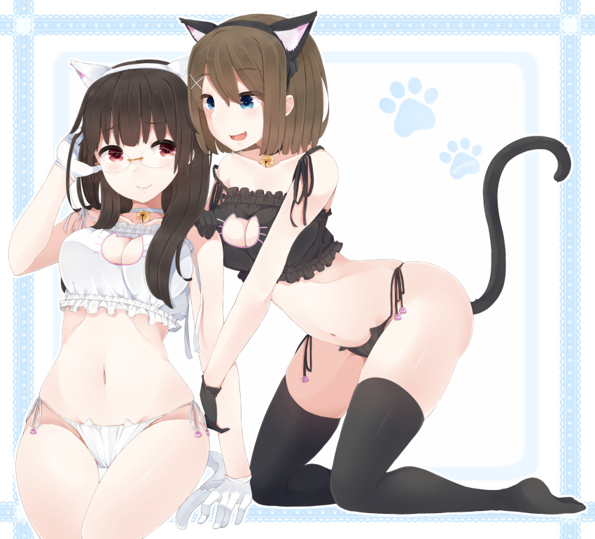 2girls :d alternate_costume animal_ears arm_holding bangs bare_shoulders bell bell_choker black_gloves black_hair black_legwear black_panties blue_eyes border brown_hair cat_cutout cat_ears cat_keyhole_bra cat_lingerie cat_tail choker choukai_(kantai_collection) closed_mouth fake_animal_ears fang frills glasses gloves hair_ornament hairband hairclip hand_in_hair hand_on_another's_shoulder highres jingle_bell kantai_collection kneeling lace long_hair looking_at_another maya_(kantai_collection) multiple_girls navel no_shoes open_mouth panties paw_print red_eyes rimless_glasses short_hair side-tie_panties sitting smile stomach strap_slip string_panties tail thigh-highs thigh_gap underwear underwear_only white_background white_gloves white_panties x_hair_ornament yukichi_(sukiyaki39)