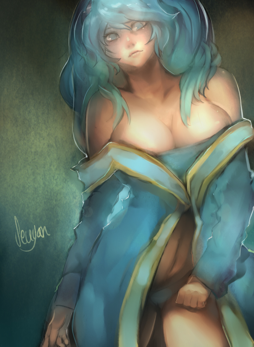 1girl aqua_hair bare_shoulders blue_eyes blue_panties breasts center_opening cleavage contrapposto detached_sleeves dress highres large_breasts league_of_legends long_hair navel off-shoulder_dress off_shoulder panties seuyan signature solo sona_buvelle underwear very_long_hair