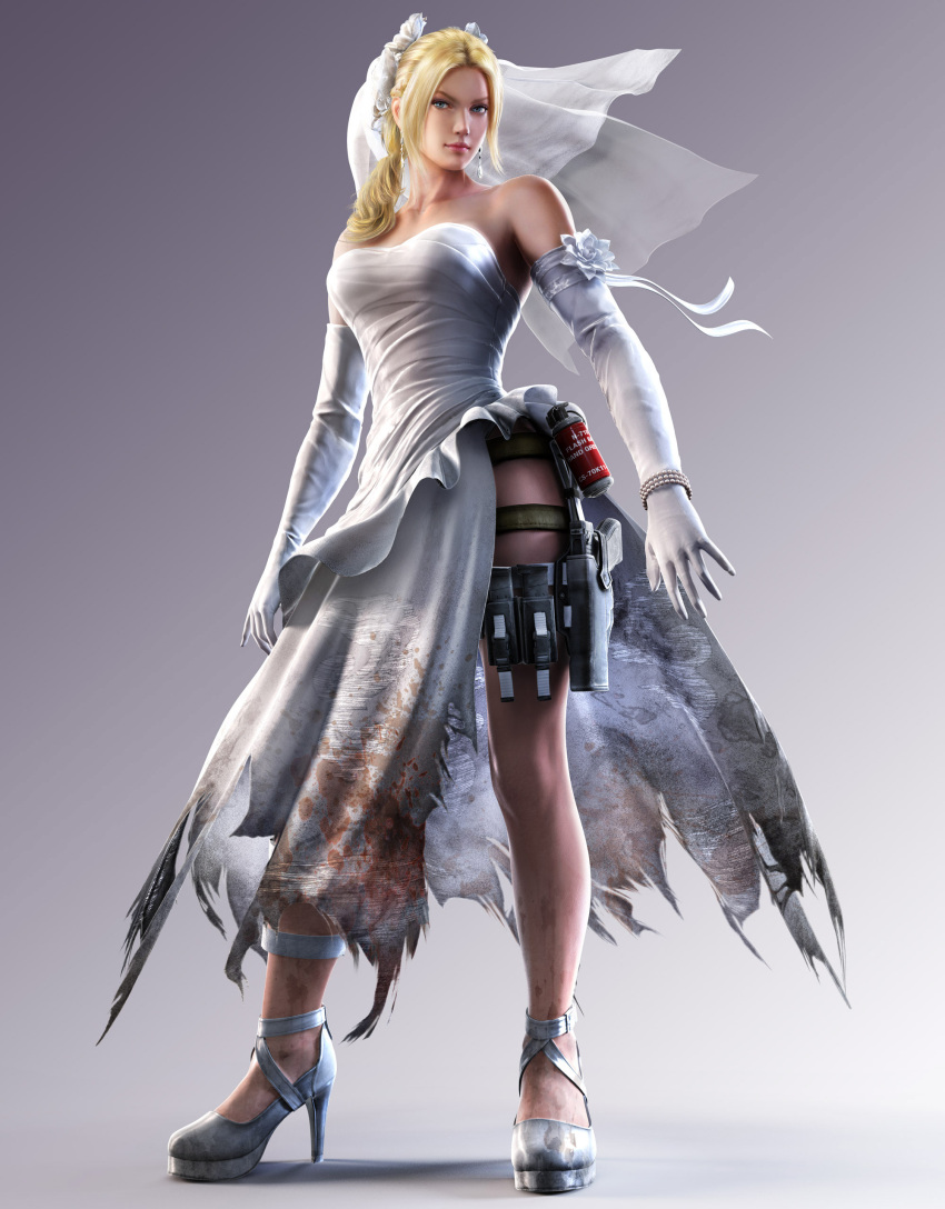 1girl 3d absurdres bare_shoulders blonde_hair bracelet bridal_veil closed_mouth dirty_clothes dress elbow_gloves full_body gloves green_eyes high_heels highres holster jewelry nina_williams official_art sleeveless sleeveless_dress solo standing strapless strapless_dress tekken tekken_7 thigh_holster torn_clothes torn_dress veil wedding_dress