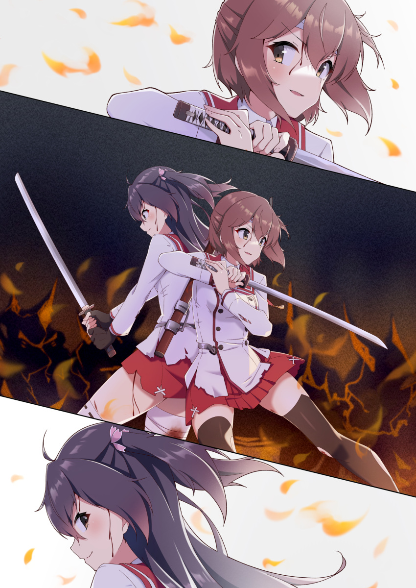 2girls ahoge asakura_mihono back-to-back bandages black_legwear blood blood_on_face blood_on_leg brown_eyes brown_hair commentary_request etou_kanami hair_between_eyes highres injury jacket katana long_hair motsutoko multiple_girls open_mouth purple_hair red_skirt sheath skirt smile sword thigh-highs thighs toji_no_miko torn_clothes torn_legwear twintails weapon