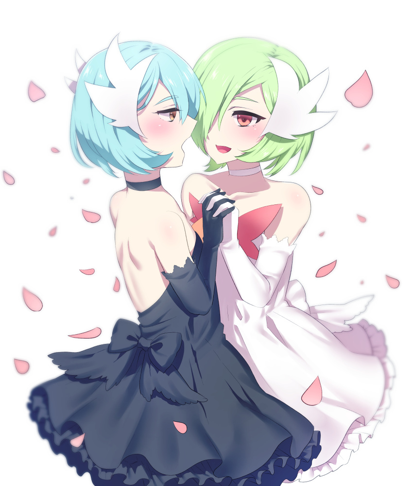absurdres androgynous aqua_hair bare_shoulders black_dress black_gloves blush choker collarbone dress elbow_gloves eye_contact frilled_dress frills gardevoir gloves green_hair hair_ornament hair_over_one_eye heavens_sparrow highres holding_hands looking_at_another mega_gardevoir open-back_dress open_mouth otoko_no_ko personification petals pokemon red_eyes short_hair standing white_dress white_gloves yellow_eyes