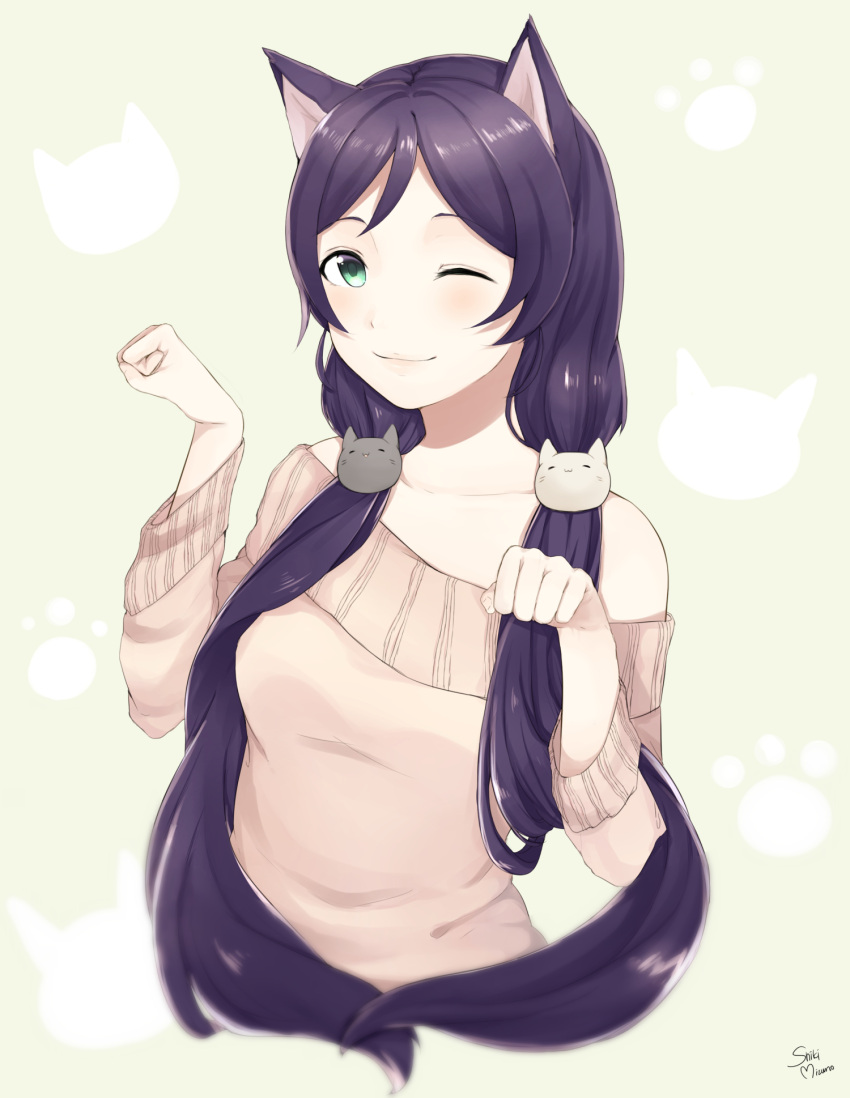 1girl animal_ears cat_ears green_eyes highres long_hair love_live!_school_idol_project mizuiro_32 off_shoulder paw_pose purple_hair signature solo sweater toujou_nozomi twintails winking