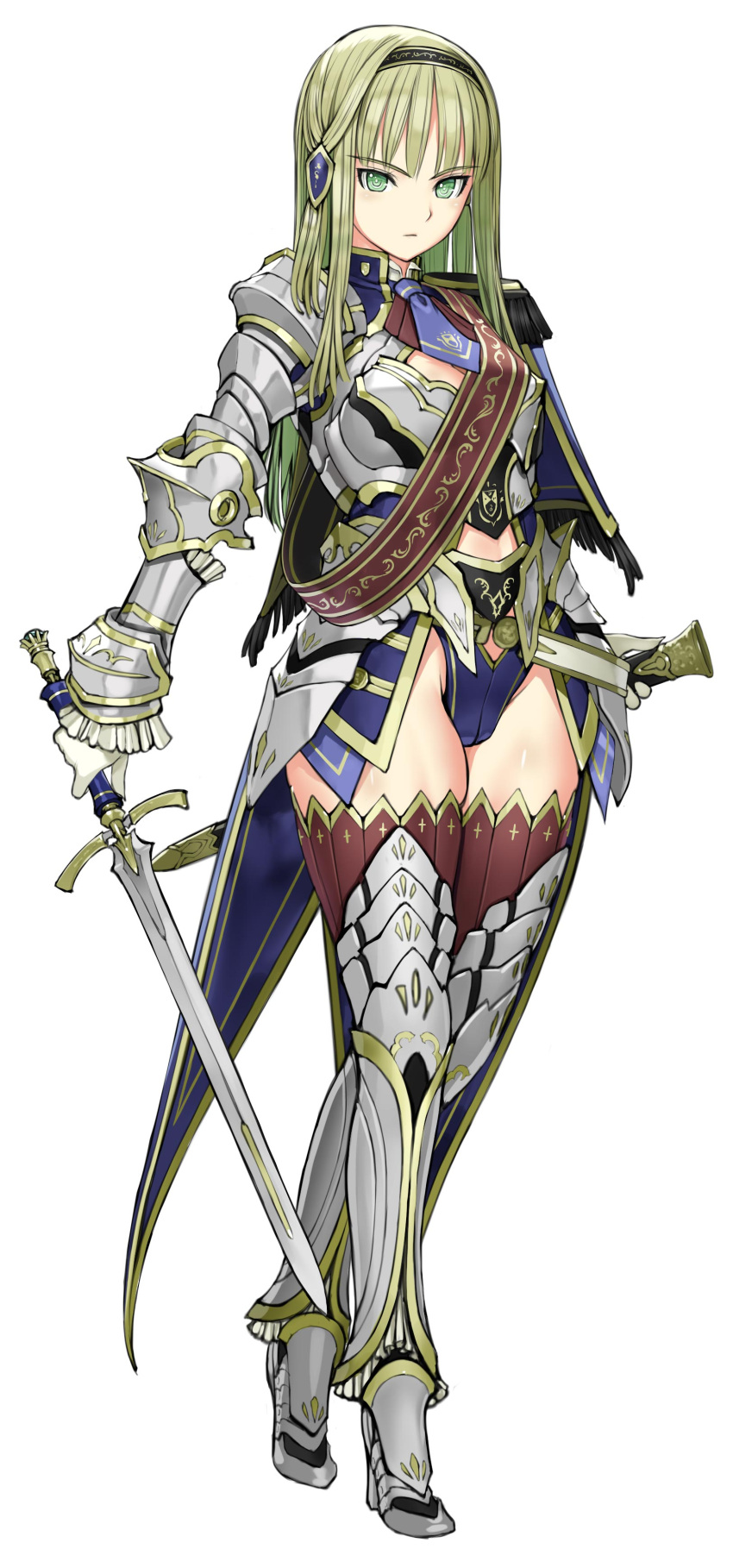 1girl absurdres armor armored_boots boots character_request full_body gloves green_eyes green_hair hairband highres holding isekai_supermarket_wo_keiei_shimasu_~shoukan_hime_to_tenchou_dairi~ nakabayashi_reimei necktie sheath simple_background solo sword weapon white_background