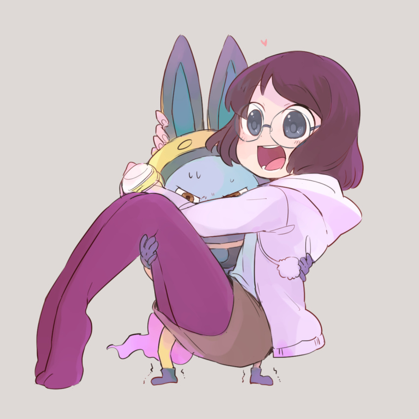 1girl alto168 angry animal_ears carrying glasses heart helmet highres misora_inaho no_shoes open_mouth pantyhose princess_carry rabbit_ears short_hair simple_background spacesuit sweat usapyon watch watch youkai youkai_watch youkai_watch_(object)
