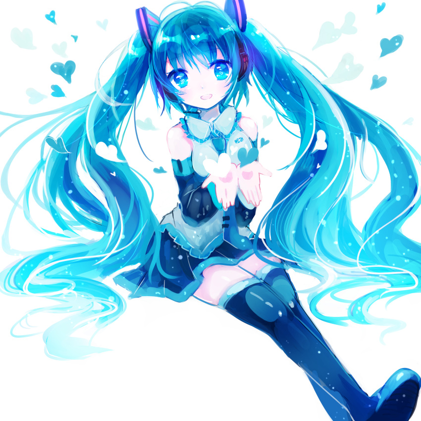 1girl blue_eyes blue_hair boots detached_sleeves hatsune_miku headset heart highres kohaku_muro long_hair necktie open_mouth sitting skirt solo thigh-highs thigh_boots twintails very_long_hair vocaloid white_background