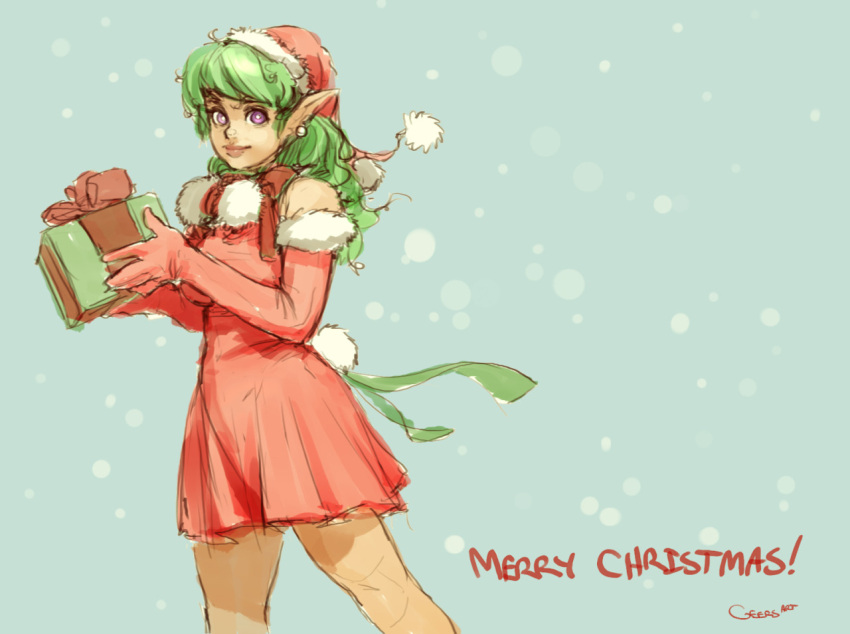 1girl box bunny_tail christmas darren_geers dress earrings elbow_gloves full_body gift gift_box gloves green_hair hat jewelry lips long_hair looking_at_viewer merry_christmas pointy_ears red_dress red_gloves santa_hat smile snow solo tail violet_eyes