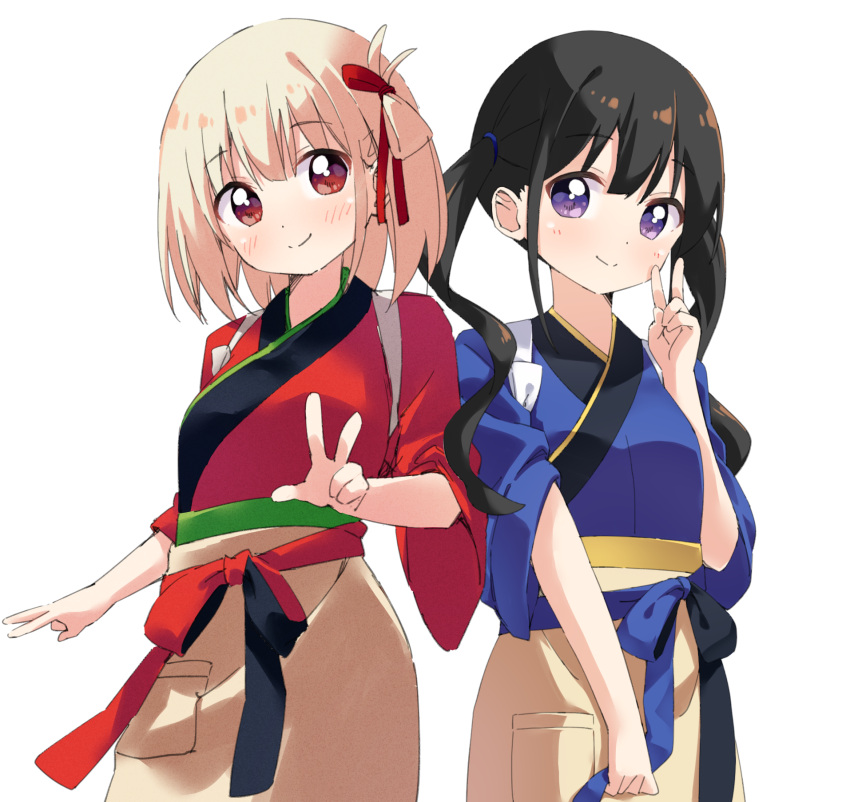 2girls apron bangs black_hair blonde_hair blush bow folded_ponytail hair_ribbon hair_tie hand_up haru_(konomi_150) highres inoue_takina japanese_clothes kimono long_hair looking_to_the_side lycoris_recoil multiple_girls nishikigi_chisato obi one_side_up red_eyes ribbon sash short_hair side_ponytail smile tasuki twintails v violet_eyes waist_apron waist_bow wide_sleeves