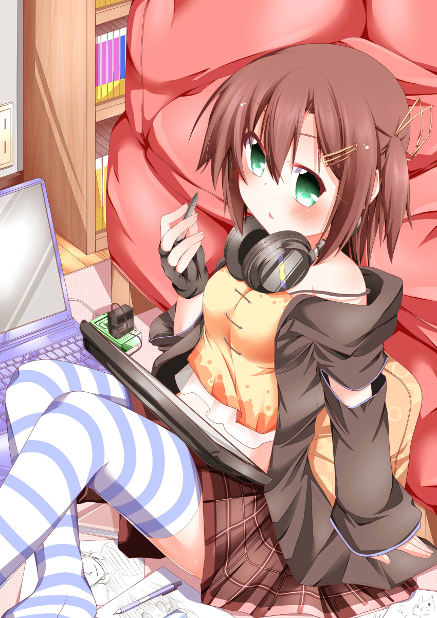 1girl absurdres bookshelf brown_hair casual chestnut_mouth computer green_eyes hair_ornament hairpin headphones headphones_around_neck highres laptop looking_at_viewer one_side_up original parted_lips plaid plaid_skirt pleated_skirt short_hair sitting sketch skirt solo striped striped_legwear stylus tablet thigh-highs wakagi_repa