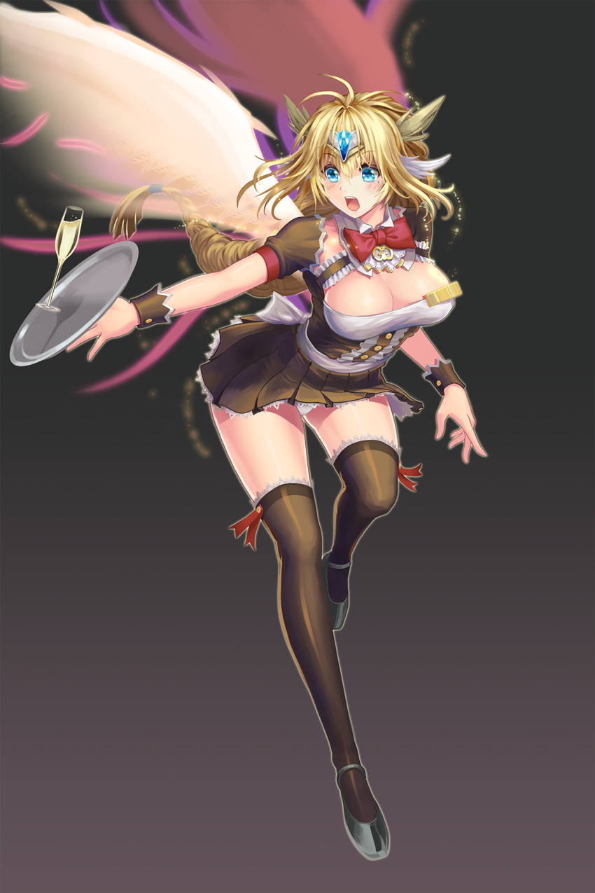1girl angel_wings artist_request black_legwear blonde_hair blue_eyes bow bowtie braid breasts champagne_flute cleavage cup detached_sleeves drinking_glass gem highres large_breasts long_hair mole pleated_skirt ribbon short_sleeves silla_(soccer_spirits) skirt soccer_spirits solo thigh-highs tiara tray waitress wings zettai_ryouiki