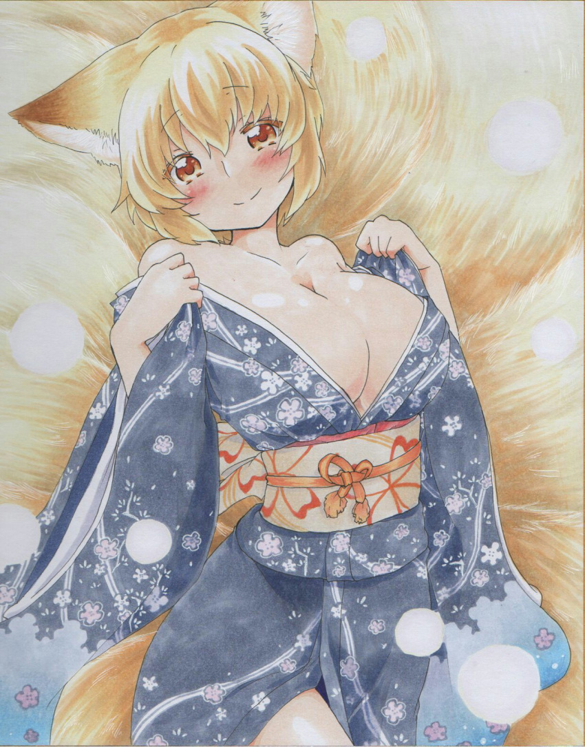 alternate_costume animal_ears blonde_hair blush breasts cowboy_shot floral_print fox_ears fox_tail highres hips japanese_clothes kimono large_breasts light_particles long_sleeves looking_at_viewer multiple_tails new_year no_hat obi open_clothes open_kimono ribbon sash shiny shiny_hair shiny_skin short_hair smile tail thighs touhou traditional_media wide_sleeves yakumo_ran yellow_eyes yuuki_chima