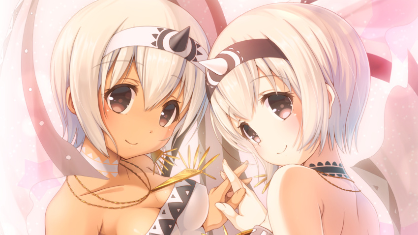 2girls bare_shoulders breasts brown_eyes choker cleavage dark_skin hairband interlocked_fingers looking_at_viewer matokechi multiple_girls pink_eyes sarana short_hair smile uruuru utawareru_mono utawareru_mono:_itsuwari_no_kamen white_hair