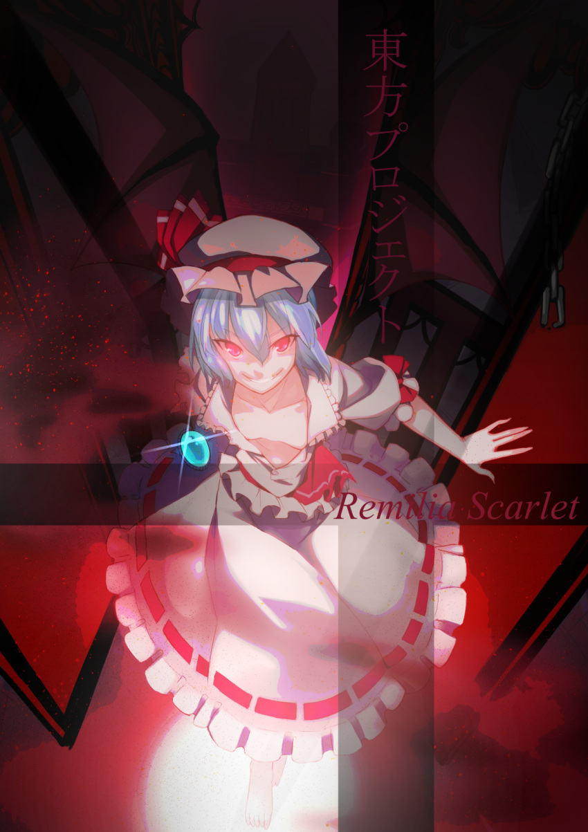 1girl baicha barefoot bat_wings blue_hair character_name collarbone downblouse dress evil_smile glowing glowing_eyes hat hat_ribbon highres looking_at_viewer mob_cap no_bra open_clothes open_dress pink_dress puffy_short_sleeves puffy_sleeves red_eyes remilia_scarlet ribbon short_sleeves small_breasts smile solo touhou wings