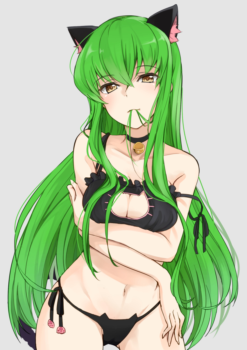 1girl animal_ears bare_shoulders bell black_bra black_panties blush bra breasts c.c. cat_cutout cat_ear_panties cat_ears cat_keyhole_bra cat_lingerie choker cleavage cleavage_cutout code_geass commentary_request green_hair hair_in_mouth highres jingle_bell long_hair looking_at_viewer max_melon_teitoku mouth_hold navel panties side-tie_panties solo underwear underwear_only yellow_eyes